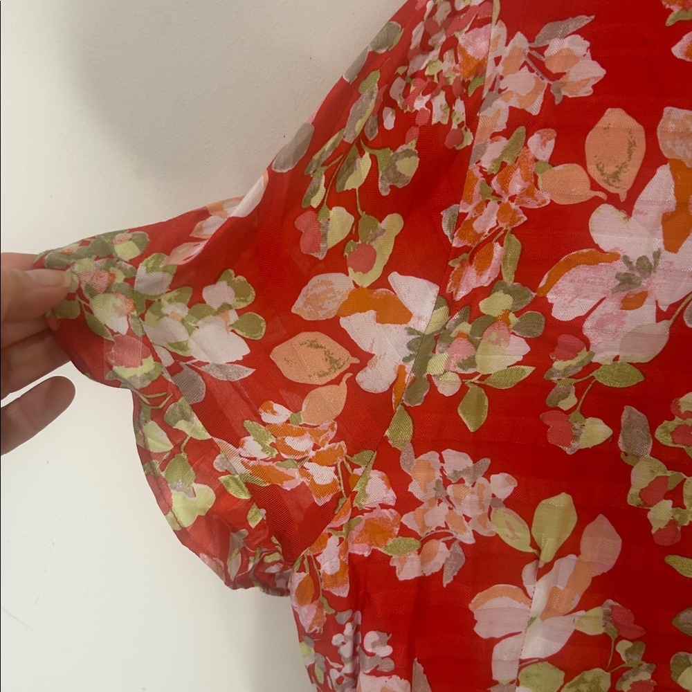 J. JILL Floral Short Sleeve True Wrap Dress in Papaya Red Rayon Size Large - Picture 14 of 16